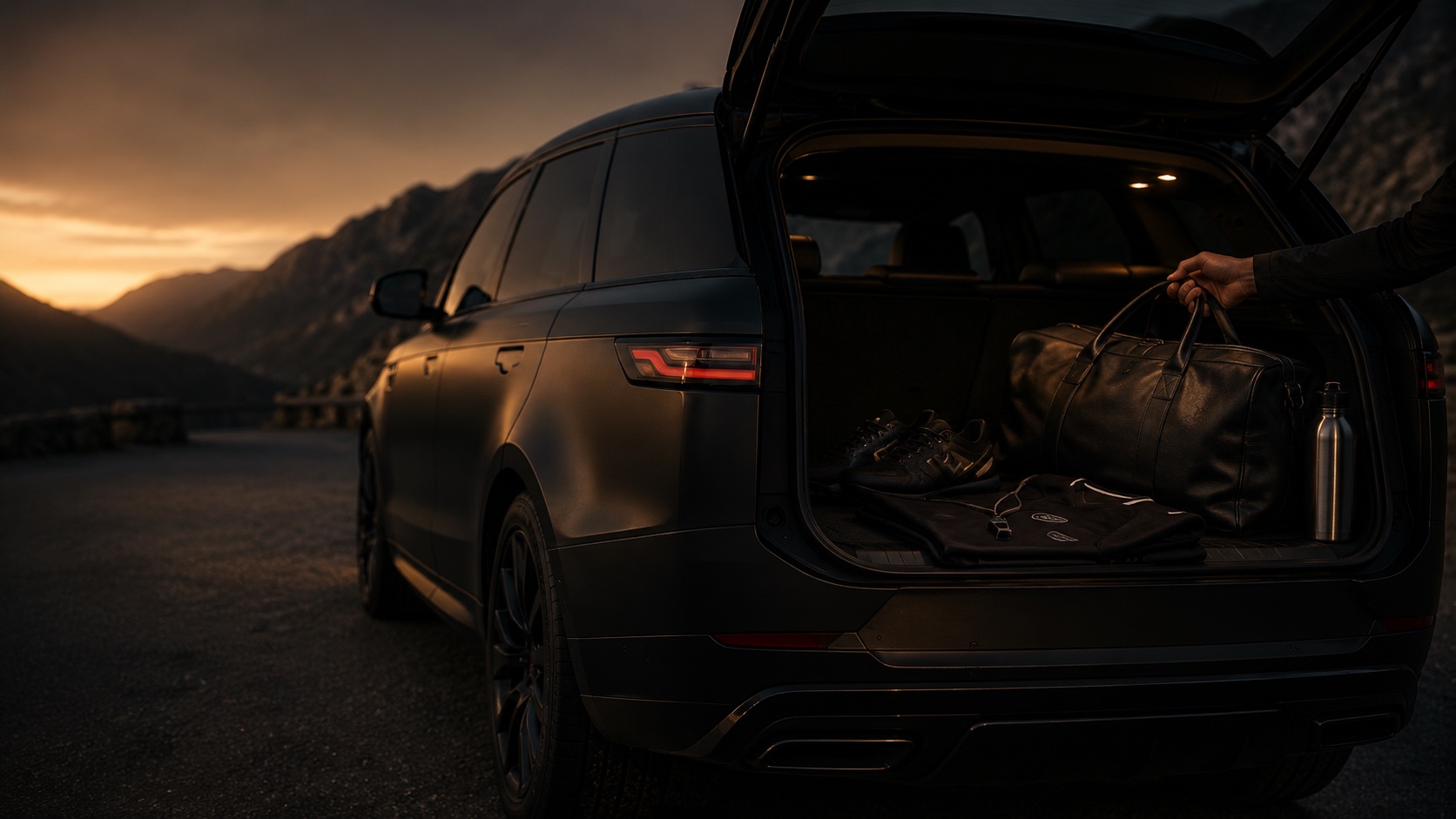 A matte-black Range Rover-style SUV at dusk, its open tailgate revealing a packed holdall and match kit ready for the morning.