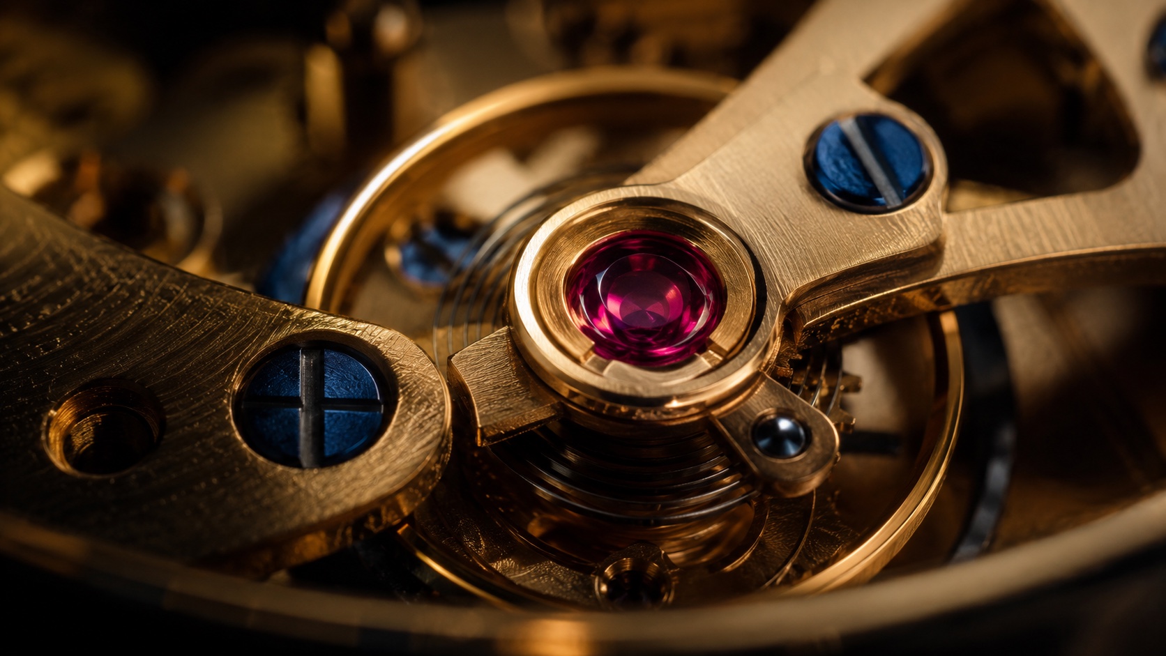 Een robijn, gevat en vastgehouden in goud in een fijn uurwerk