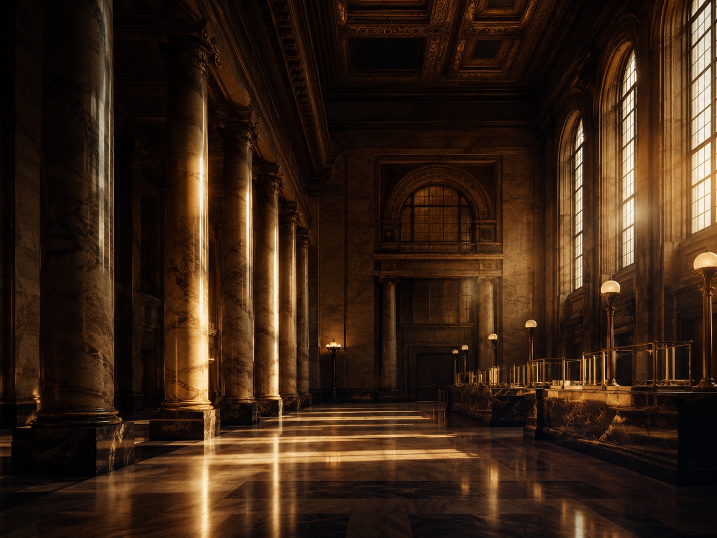 A grand marble banking hall in low light.