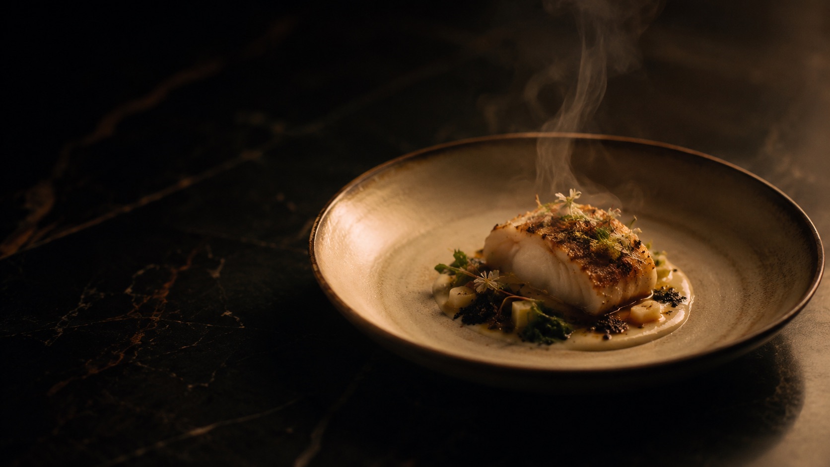 A finely plated dish on dark stone.
