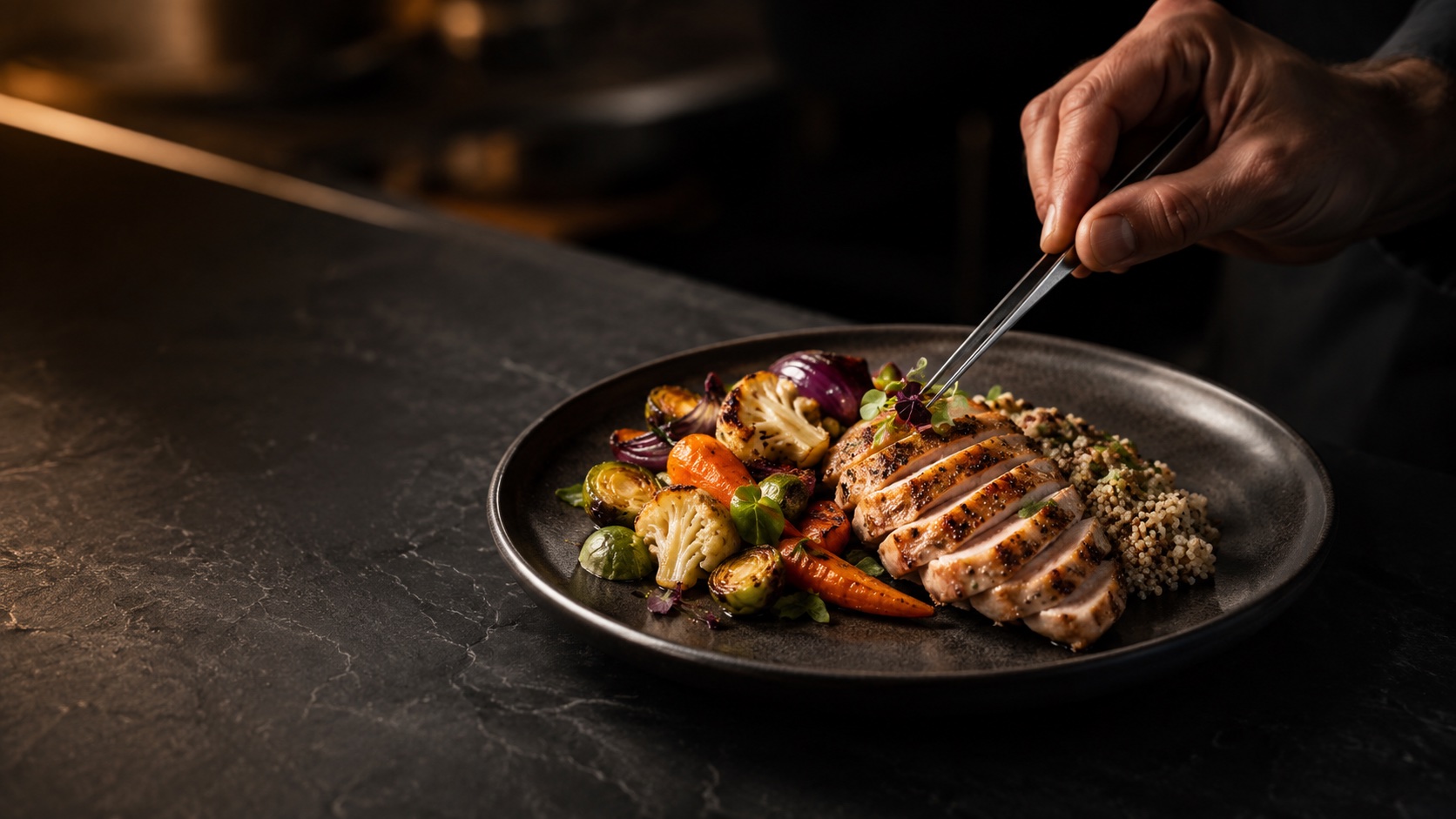 A chef finishing a balanced made-to-order plate with fine tweezers, the diligence that precedes any partnership.