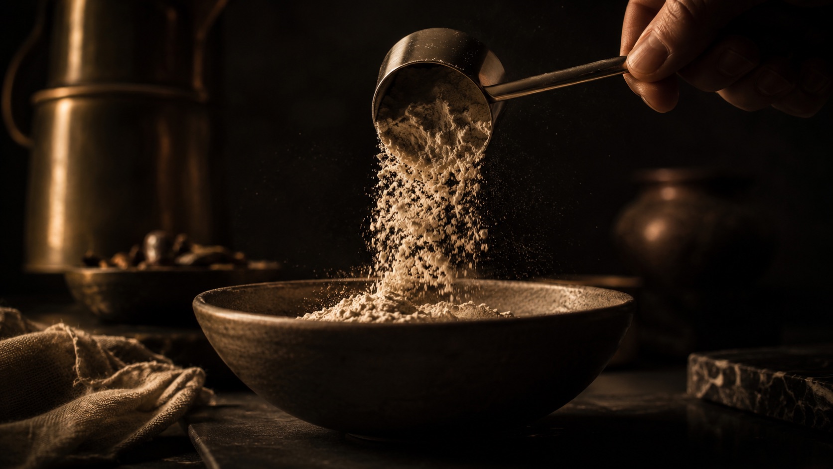 Fine protein powder poured from a steel scoop into a stone bowl.
