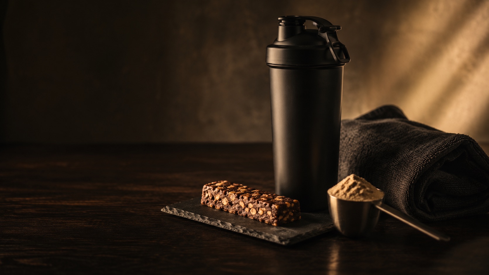 A matte-black shaker bottle, protein bar and scoop of powder on dark wood.