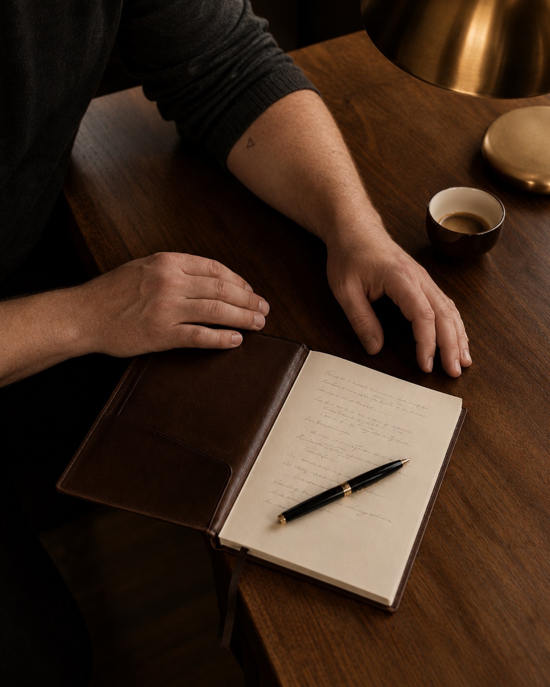 The founder's hands at a walnut desk with leather notebook and fountain pen