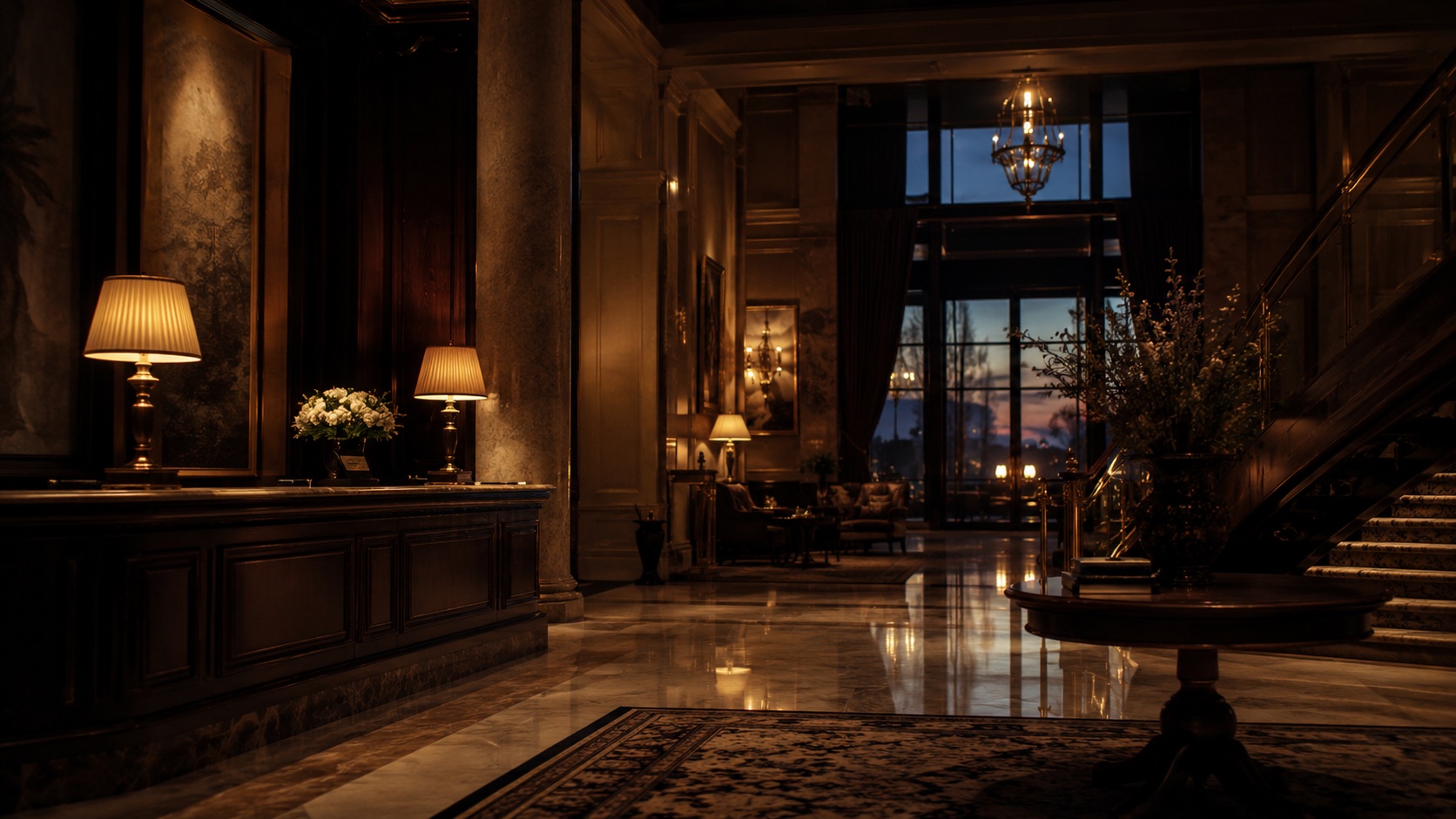 Een grote hotellobby in warm gedempt licht.