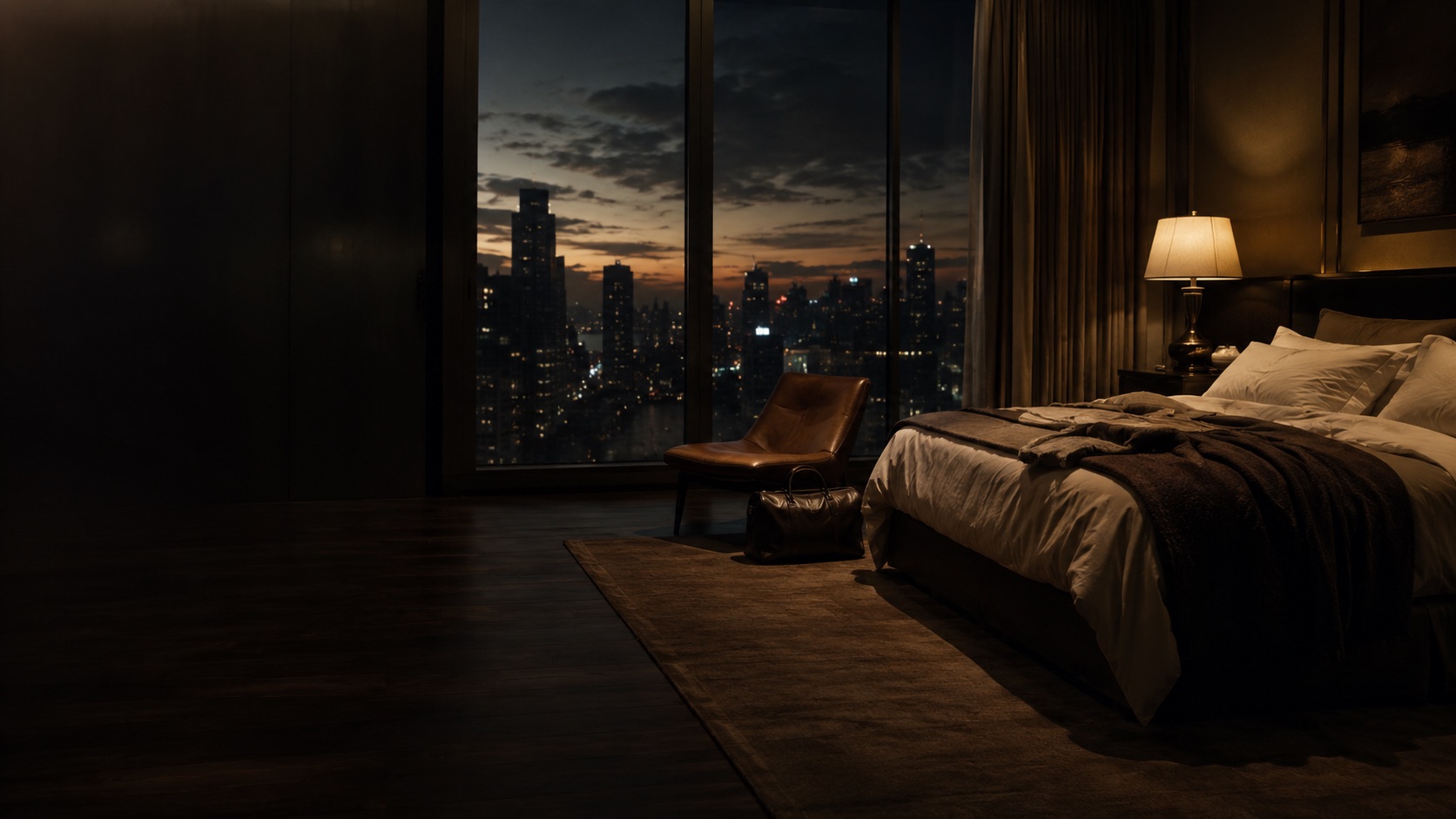 Een luxe hotelsuite bij nacht met uitzicht op de stad.