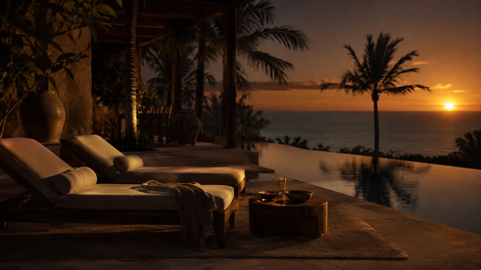 Een luxe resortterras bij zonsondergang met uitzicht op zee.