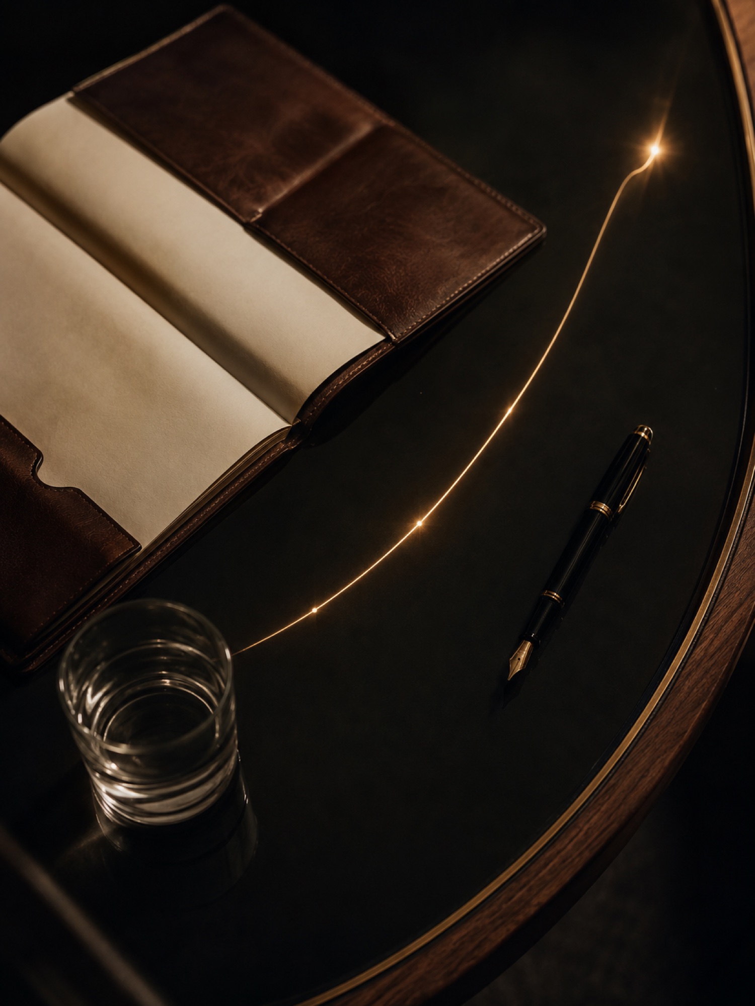 Een opengeslagen notitieboek en een vulpen op een donkere tafel