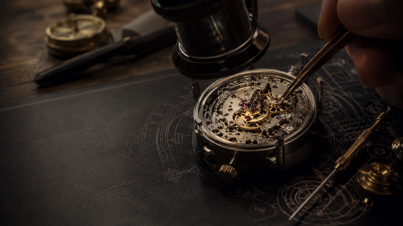 Een horlogemakersloep en pincet boven een opengewerkt uurwerk. De zorgvuldigheid die aan elk partnerschap voorafgaat.