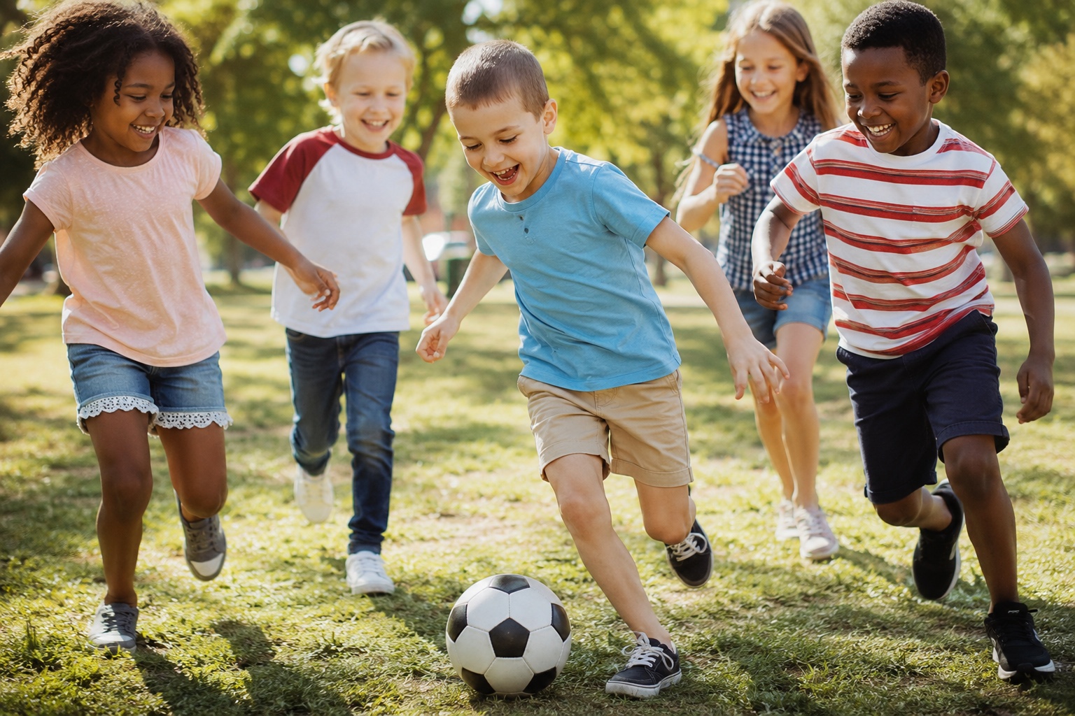 Kinderen die vol vreugde bij het voetbal betrokken zijn